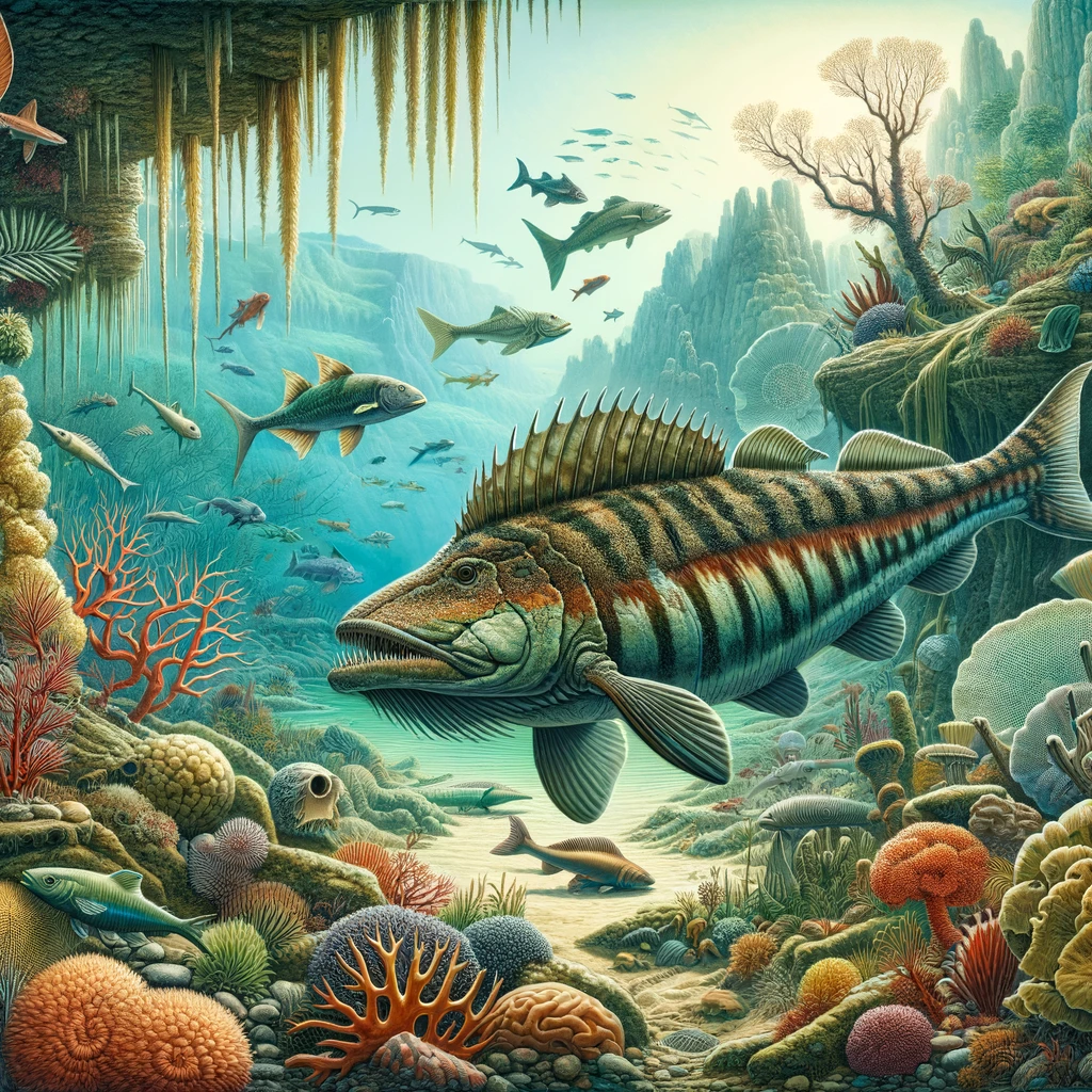 DALL·E 2024 05 11 15.36.08 A detailed illustration of a Devonian era creature in its natural habitat. The scene features a large prehistoric fish such as Dunkleosteus swimming - Sicilia in Miniatura